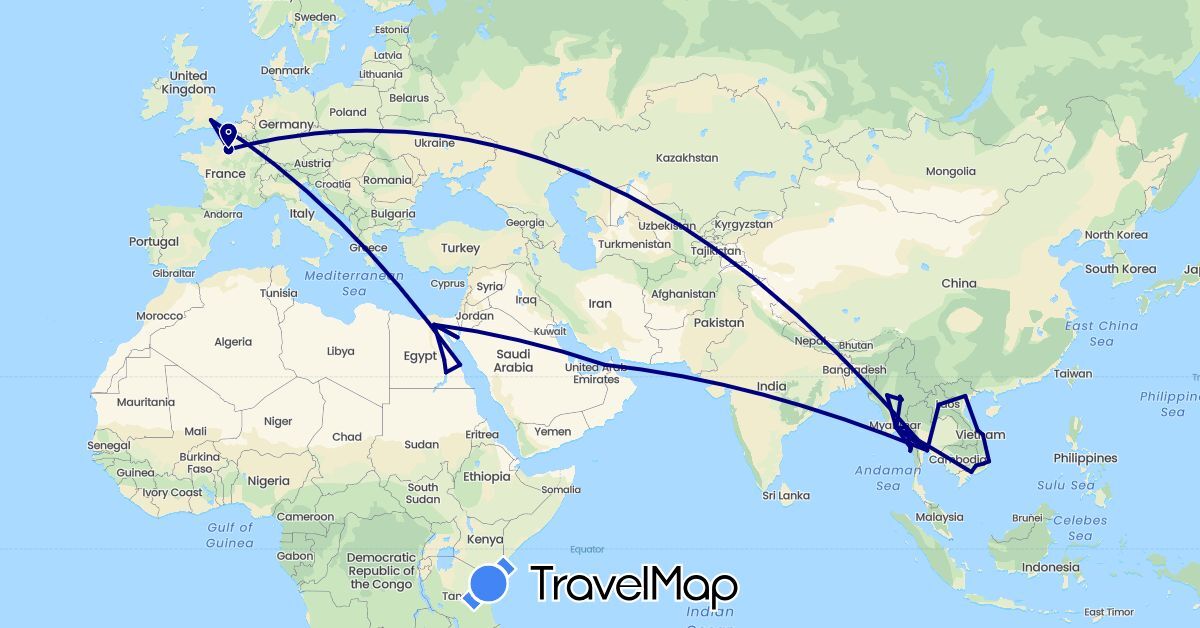 TravelMap itinerary: driving in United Arab Emirates, Egypt, France, United Kingdom, Laos, Myanmar (Burma), Thailand, Vietnam (Africa, Asia, Europe)